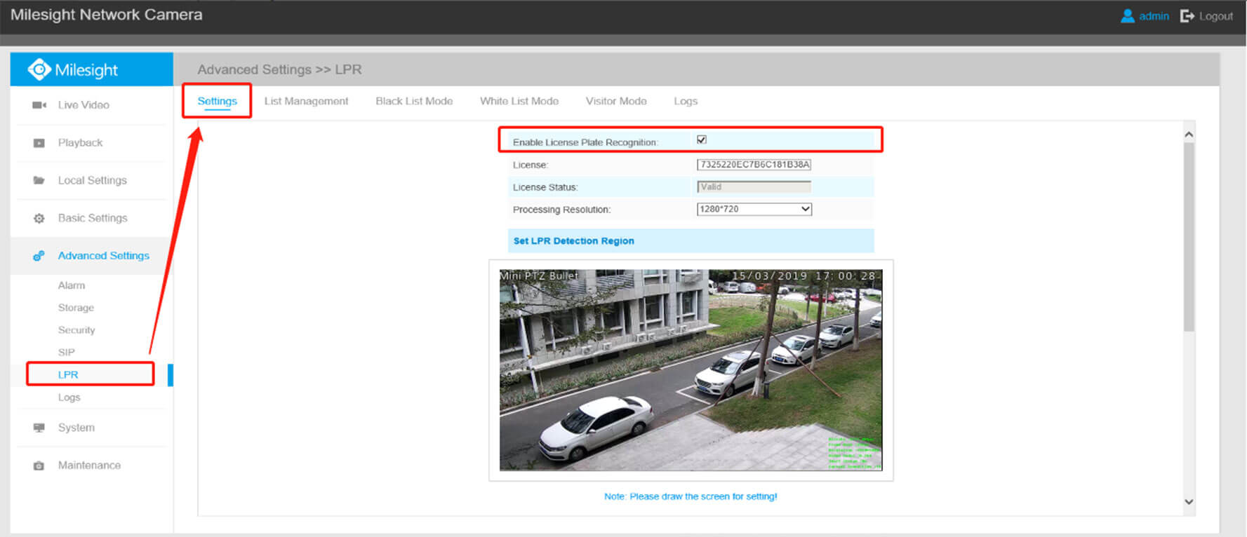 Settings of Milesight LPR Camera interface