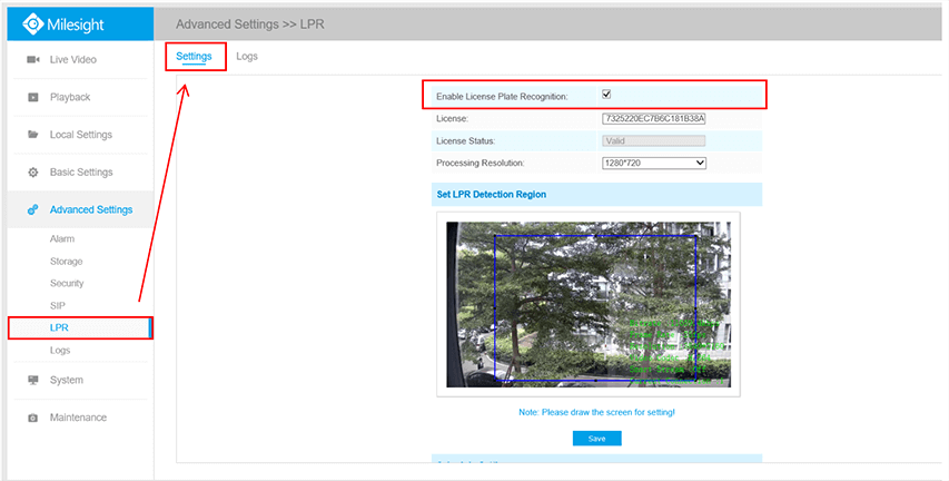 Settings of Milesight LPR Camera interface